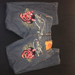 Deconstructed diy trashed Ed Hardy jeans 34x34